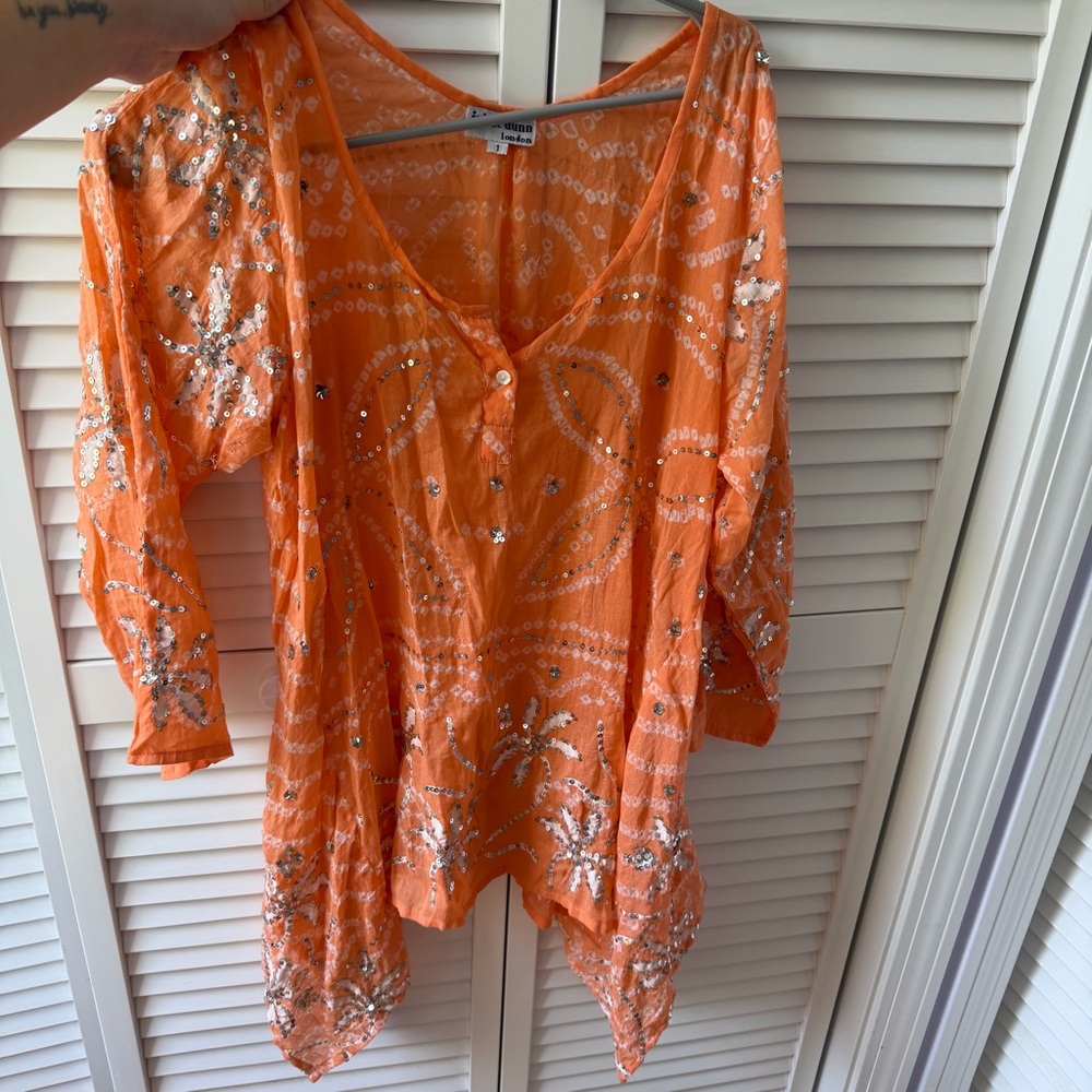 Juliet Dunn Orange Sequin-Embellished V-Neck Swim Coverup